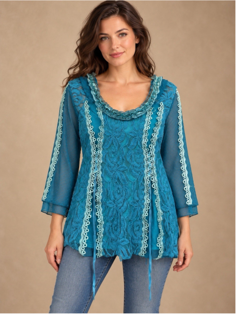 Scully Honey Creek Teal Lace Tunic Top Large Boho Crochet Ribbon Blouse